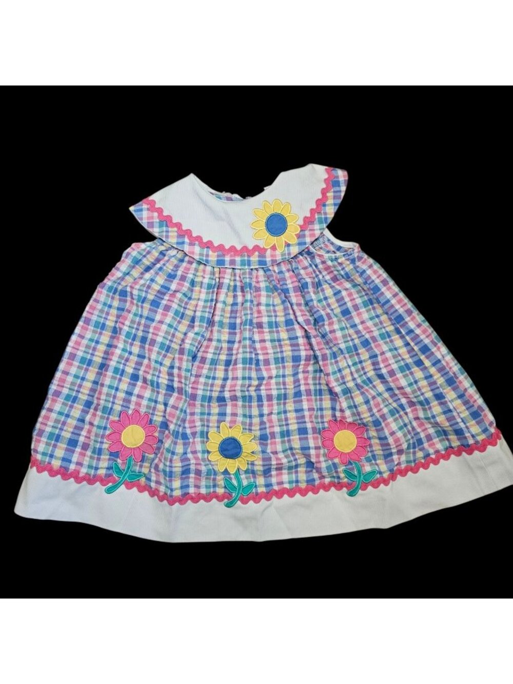 VTG Y2K Good Lad Girls Plaid Summer Dress Collar Flowers Sz 3T Blue Pink